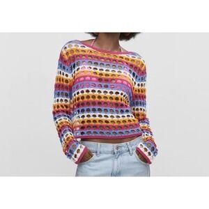 Mango Women's S Colorful Crochet Crop Top Sweater Boho Hippie Beach Vacation